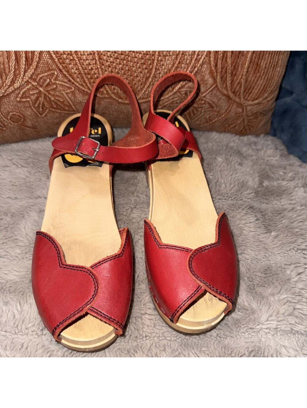 Swedish Hasbeens Debutant Red Wooden Clog Strappy High Heeled Sandals Sz 38 7.5